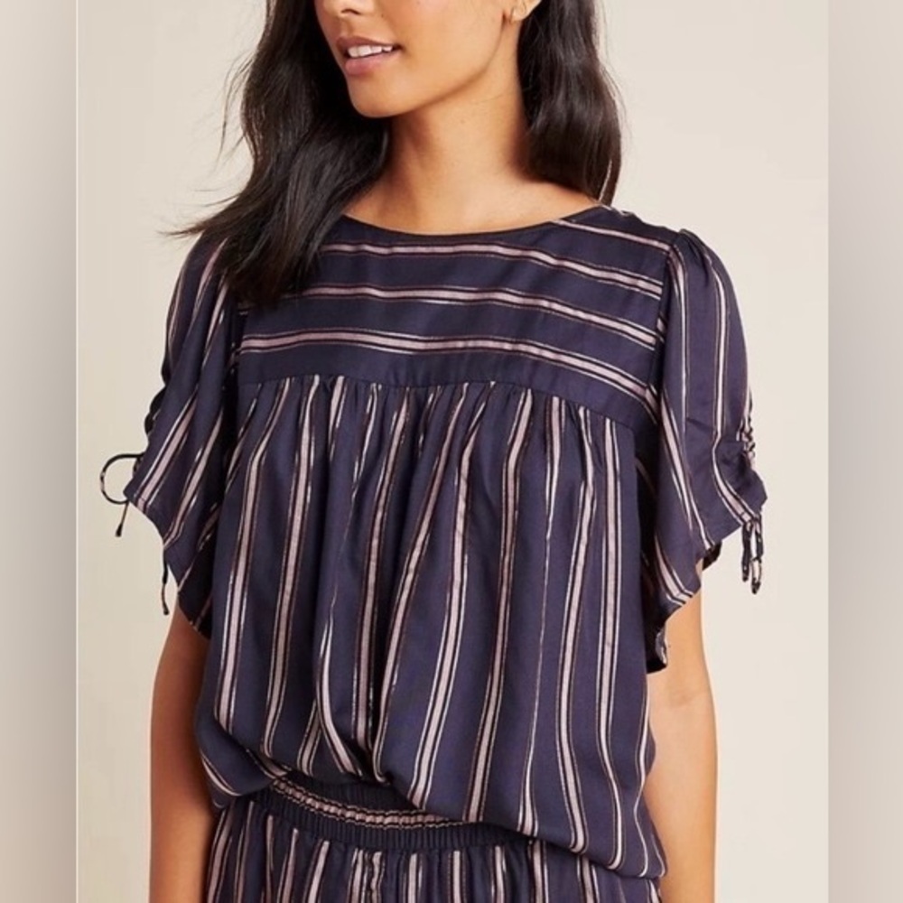ANTHROPOLOGIE Cameron Metallic Tie Sleeve Top Navy Blue Striped Boho Blouse XS